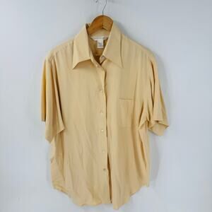 Vintage Express 100% Silk Short Sleeve Button-Up Shirt Beige Petite‎ Large